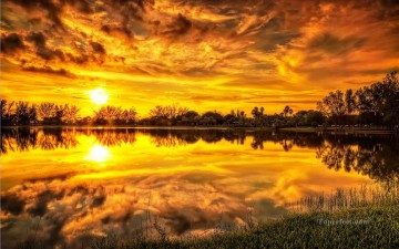 Pintura de paisaje del lago Golden Clauds del amanecer de las fotos al arte Pinturas al óleo
